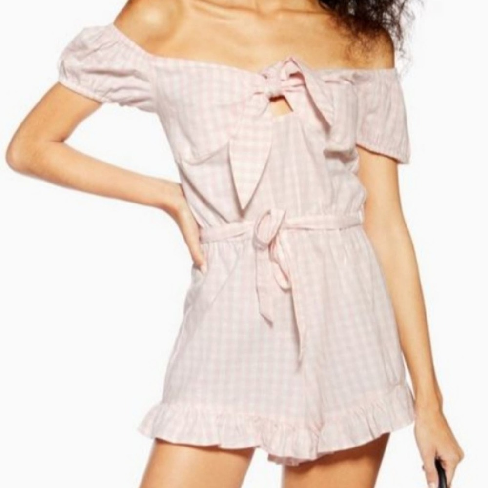 Topshop Gingham Bardot Off Shoulder Romper 6